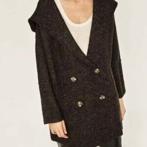 Zara Cardigan Sweater Navy Knit Double Breasted Hooded Oversized size S